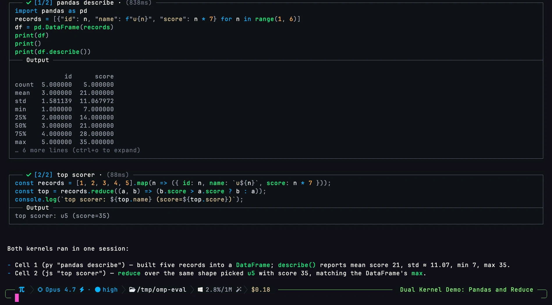 omp eval: pandas describe in Python, danach reduce in JavaScript